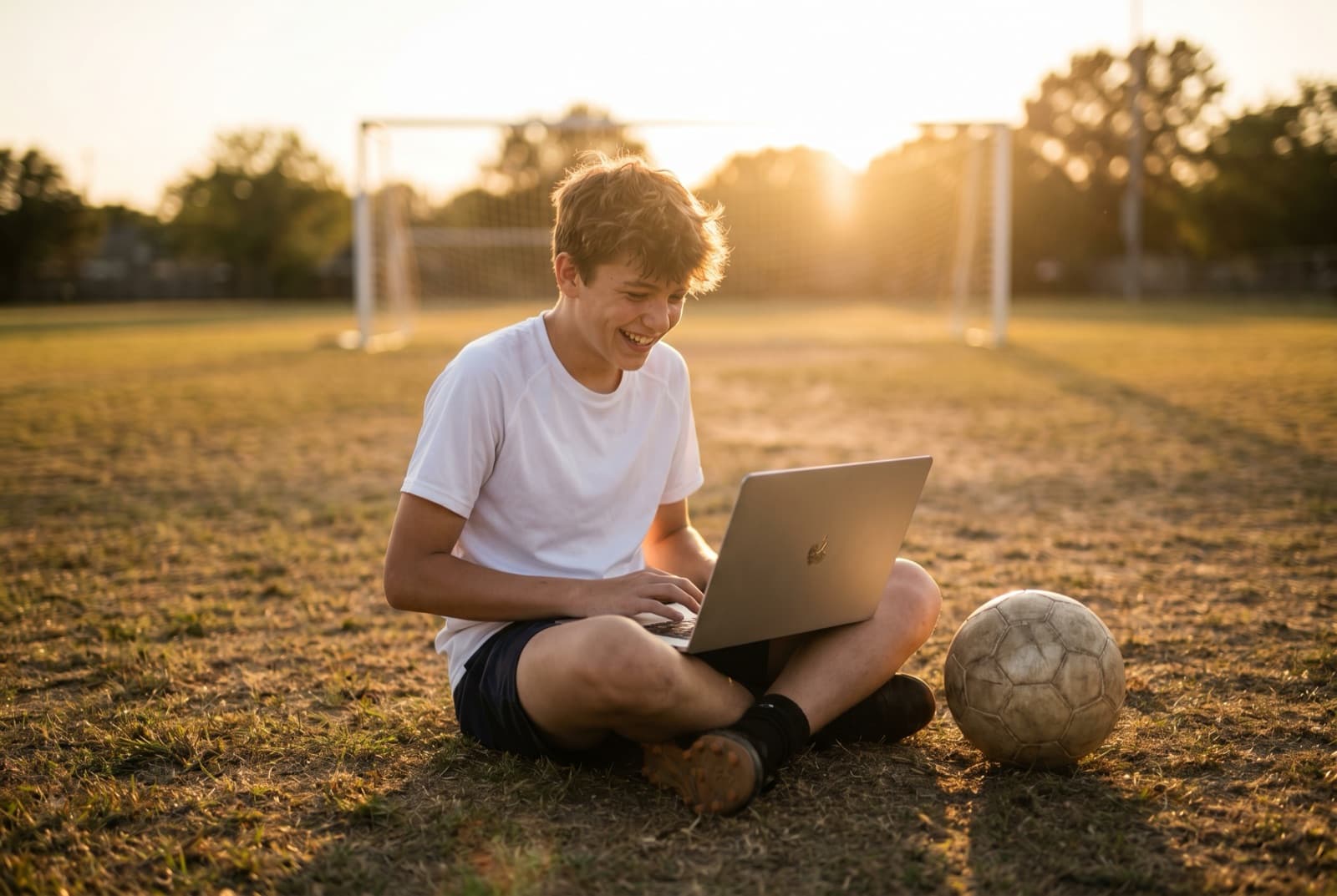 A teenager with a laptop on a sports field at golden hour