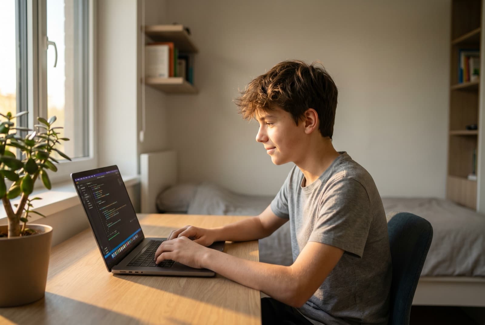 A teenager focused on coding at his desk