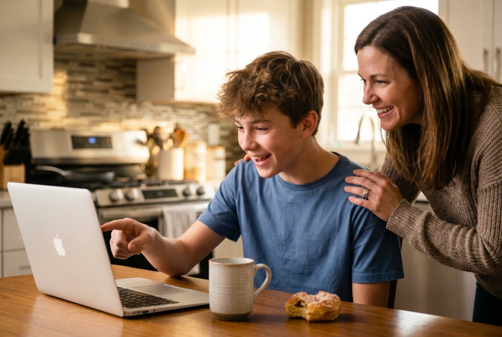A teenager showing his project to his mom