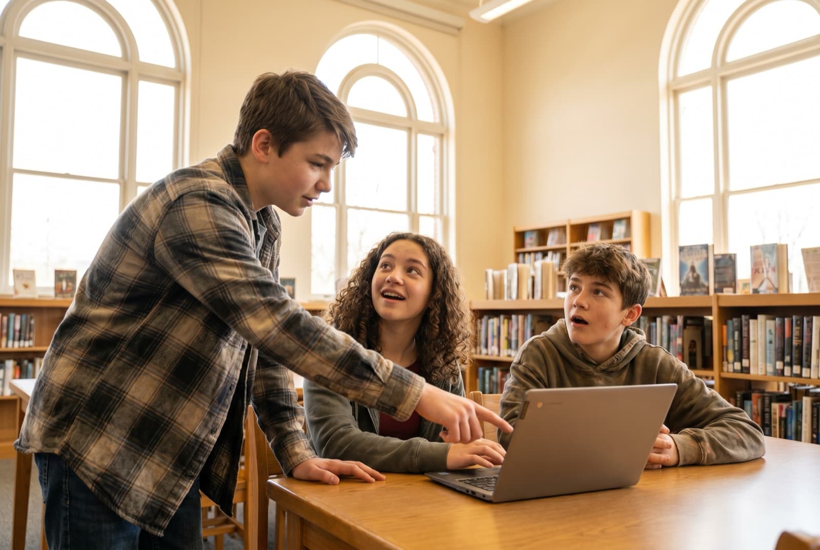 A teenager teaching friends about coding